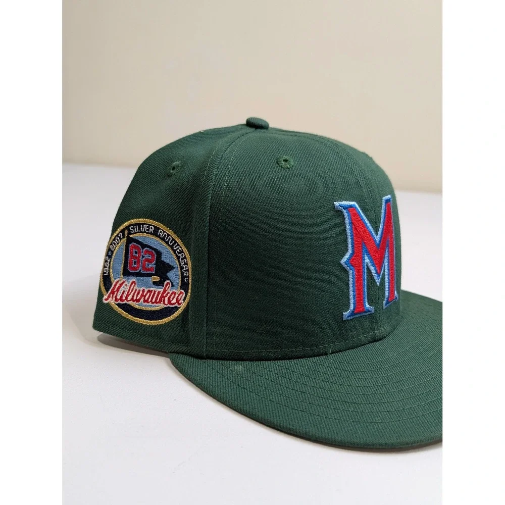 New Era Milwaukee Brewers Fitted Hat Mens 7 5/8 Green Anniversary Patch - Picture 2 of 6